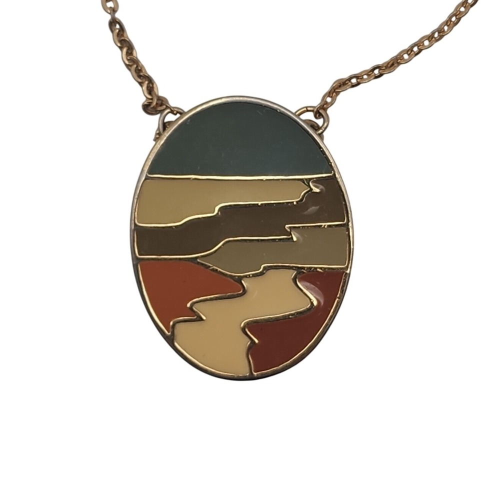 Vintage Boho 1978 Sarah Coventry Desert Scene Enamel Landscape Pendant Necklace